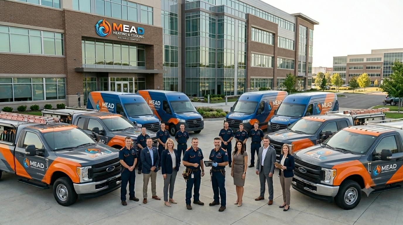 The Mead Heating & Cooling team with full service fleet