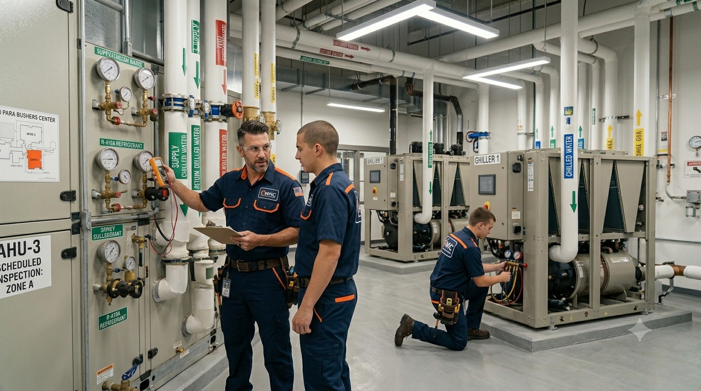 Commercial HVAC mechanical room inspection by Mead team