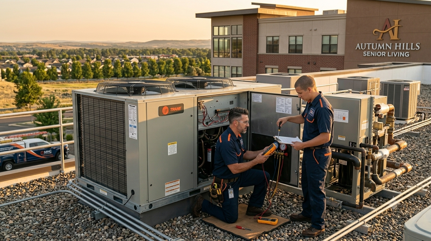 Mead technicians servicing HVAC at a senior living facility