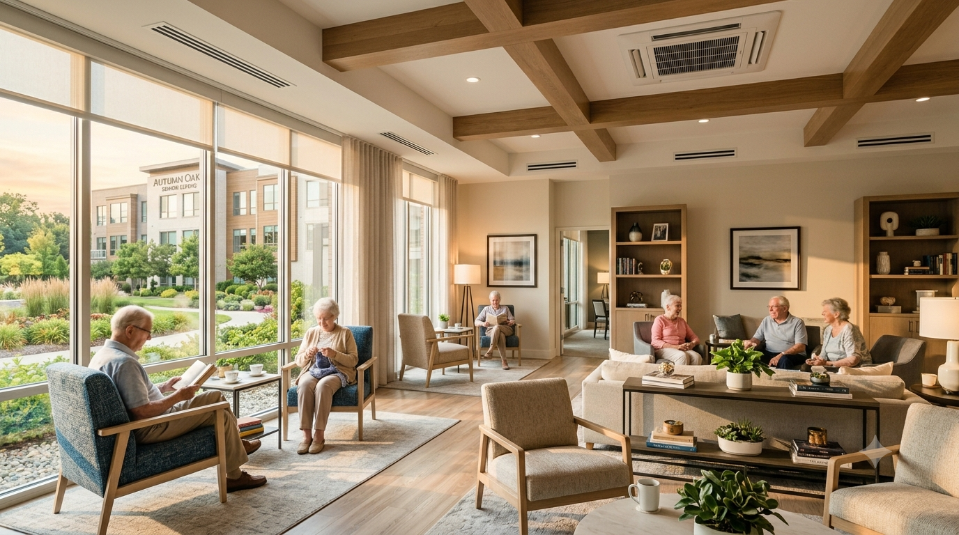 Comfortable senior living common room with optimized HVAC